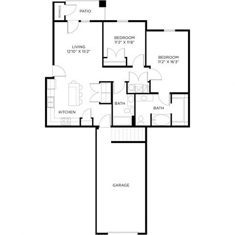 Floor plan for 2 beds, 2 baths, 1073 sqft